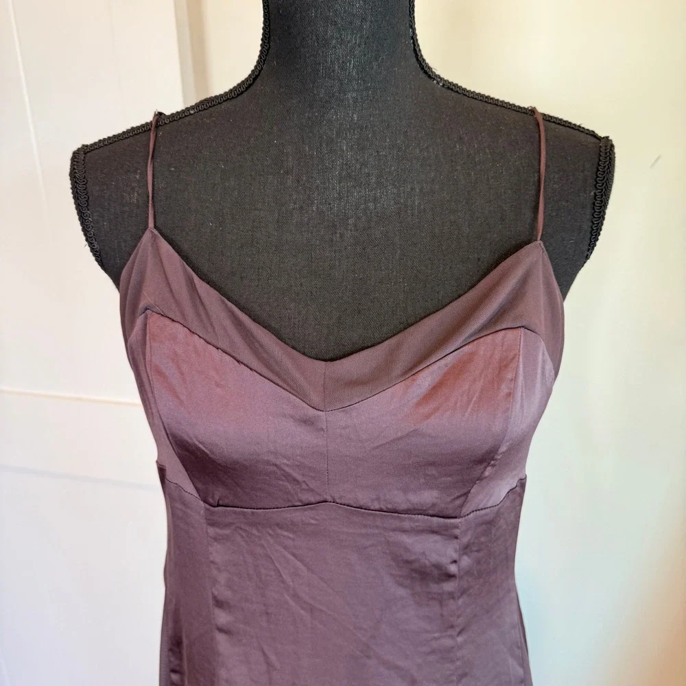 Intimately Free People City Cool Brown Satin Mesh Panel Midi Slip Dress Large
